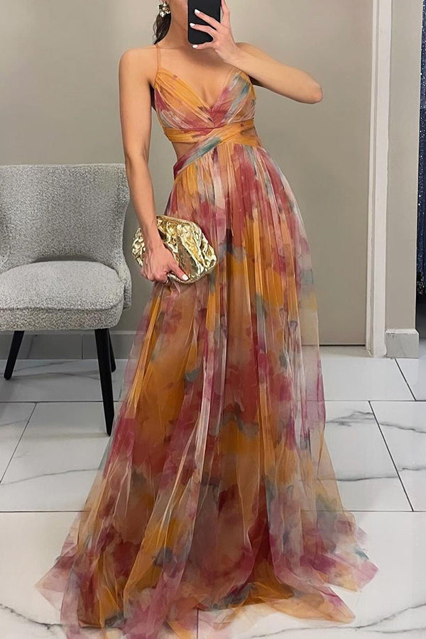 Eirith - Elegant Printed Lace-Up Maxi Dress
