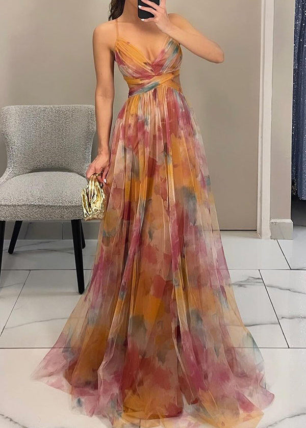 Eirith - Elegant Printed Lace-Up Maxi Dress